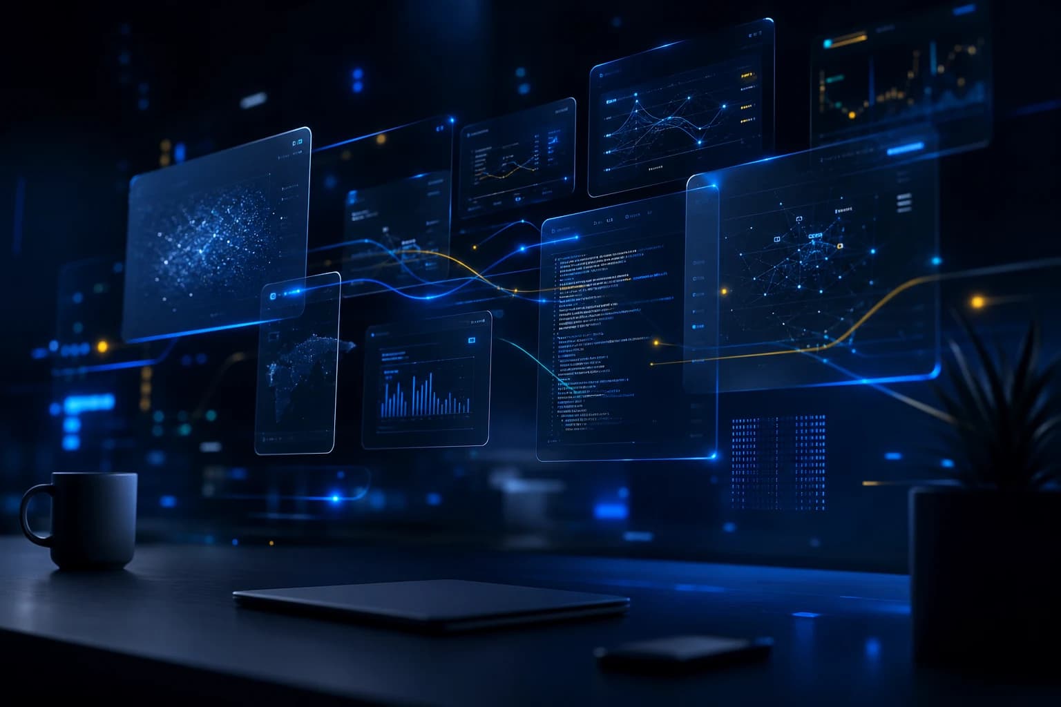 Syncognify dark digital brand visual with blue, yellow, and cyan accents