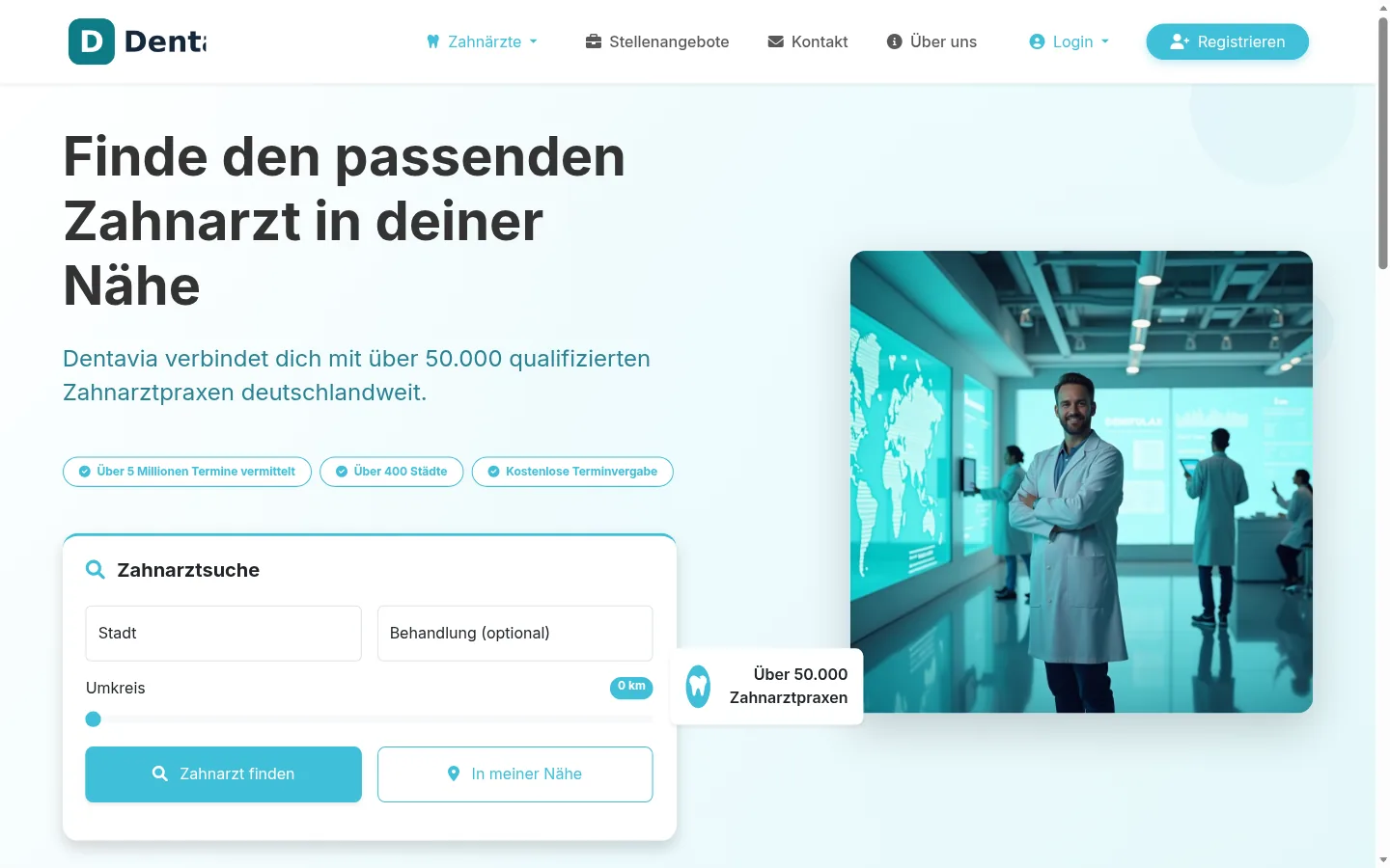 Dentavia home page with city and treatment search, a radius control, and a map of practices