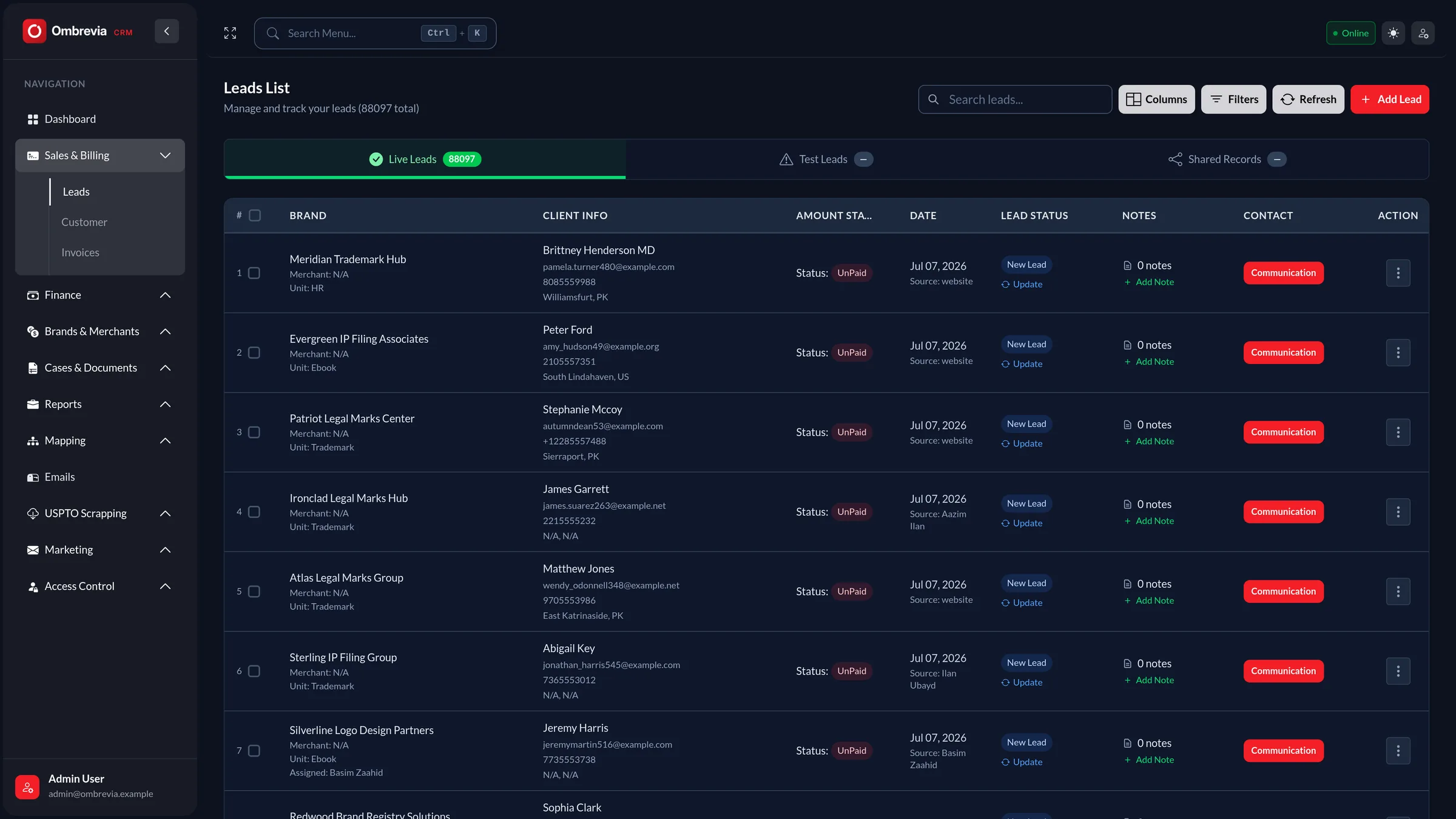 Ombrevia CRM leads table showing 89,401 leads, form data, and filters for brand, status, and team