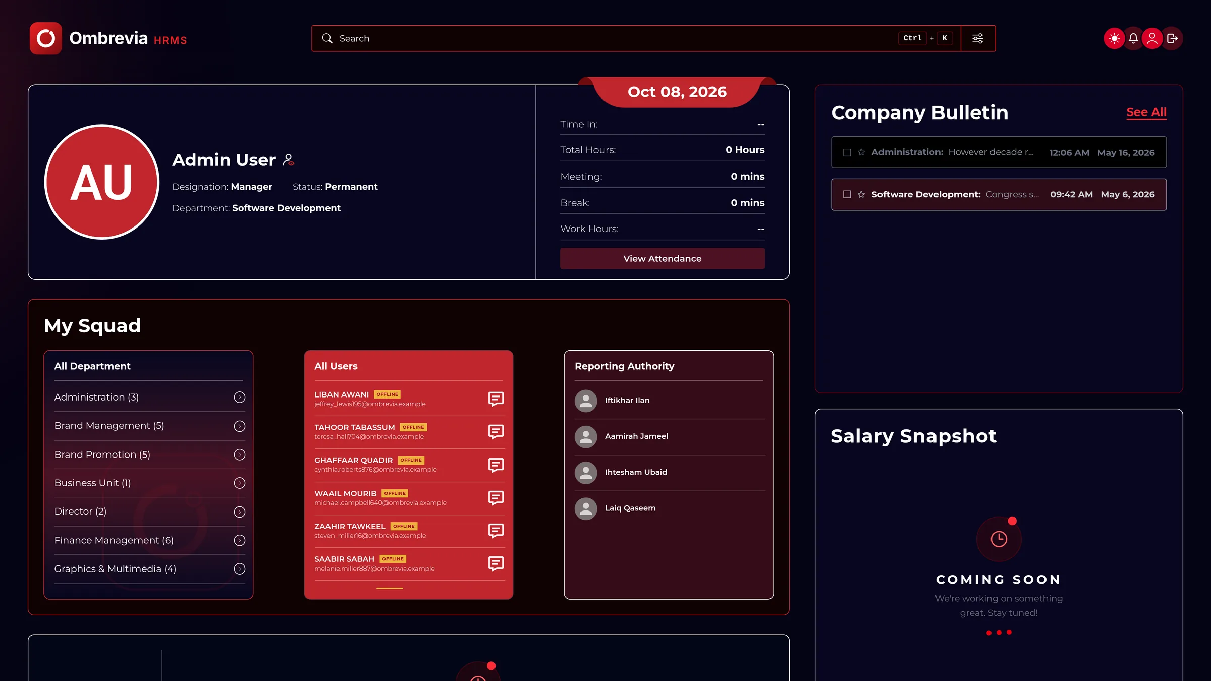 Ombrevia HRMS dashboard with time in, break, and meeting actions for the signed-in employee