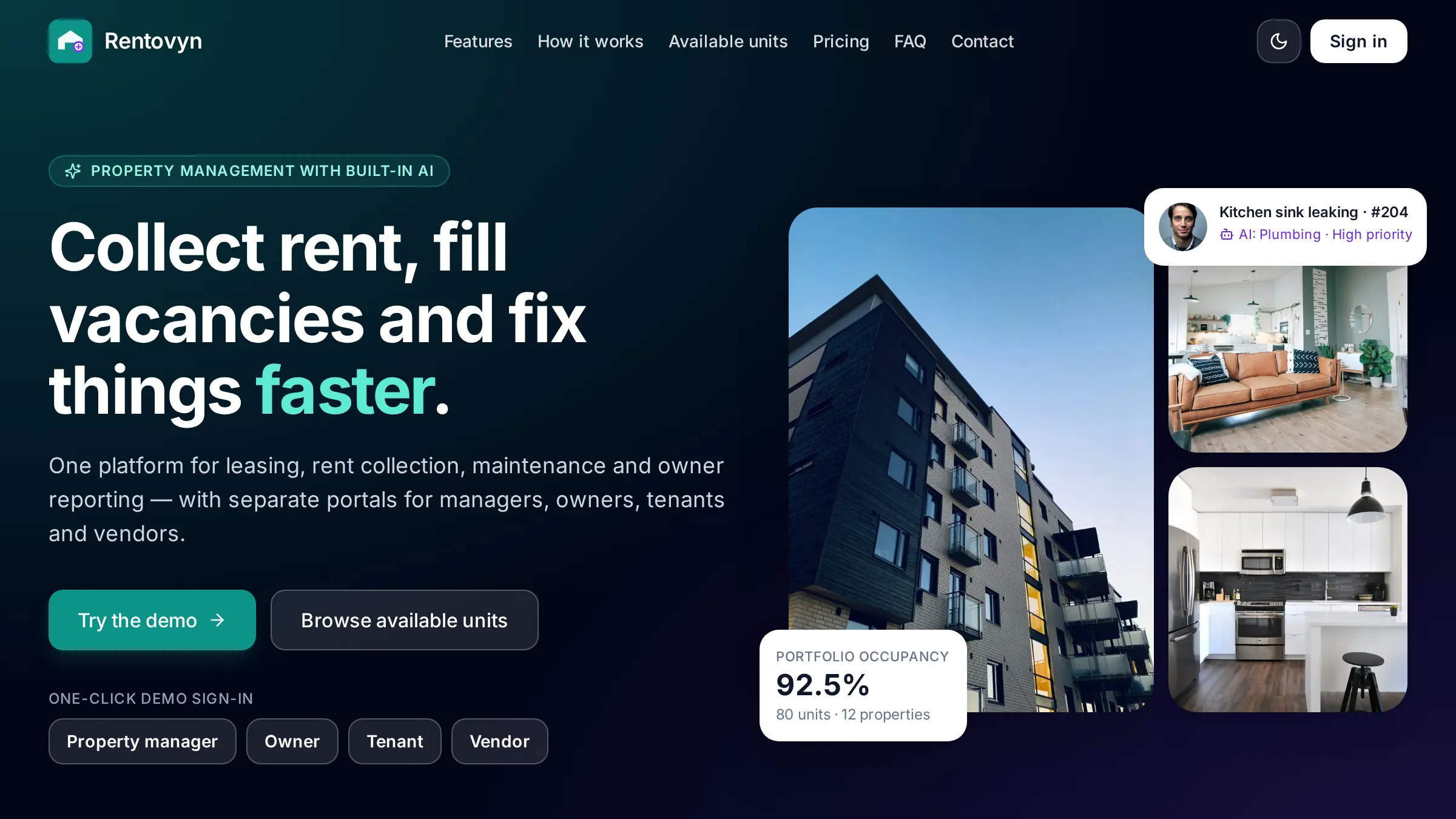 Rentovyn home page with portfolio occupancy and one-click demo sign-in for each role