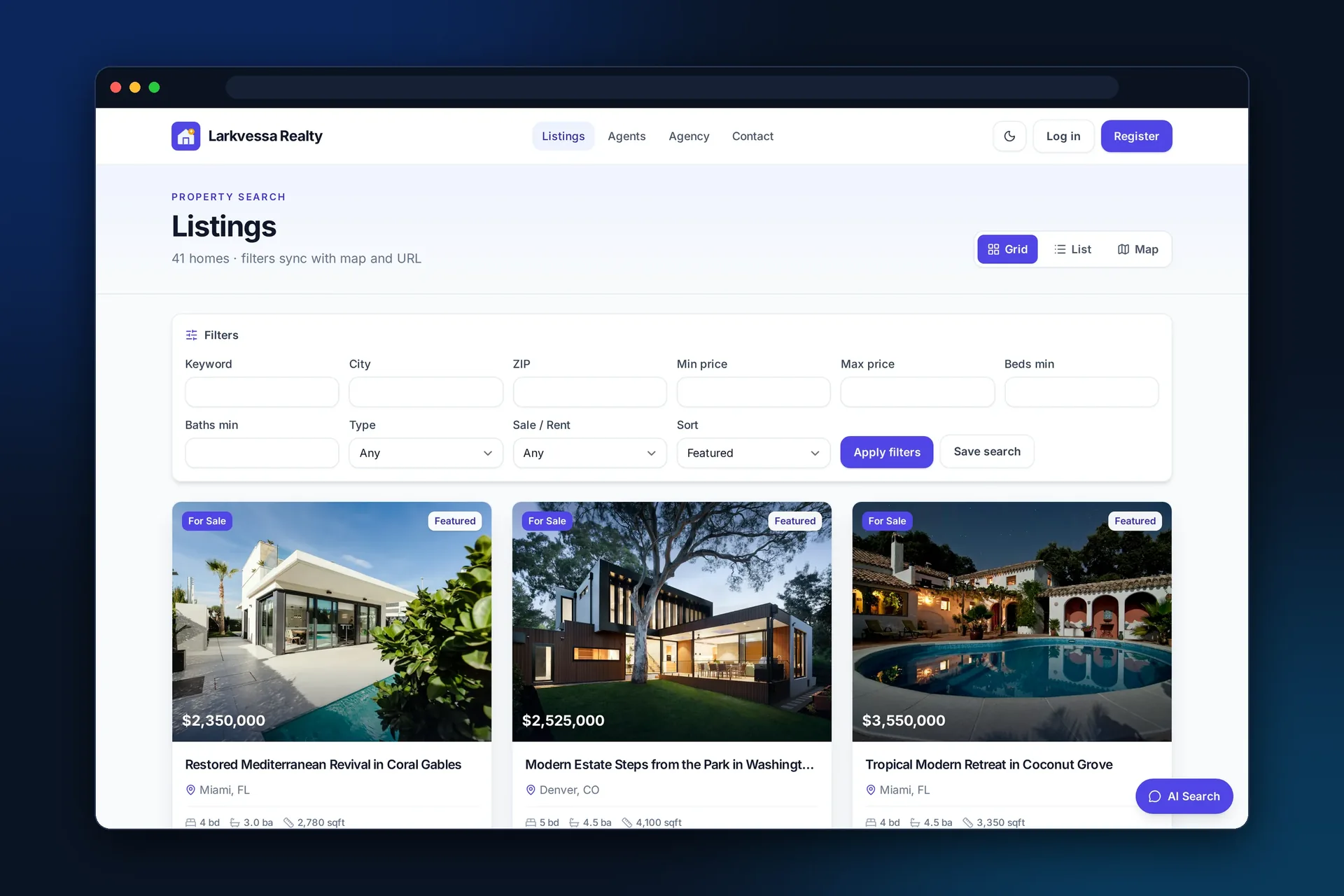 Listing search results with filters