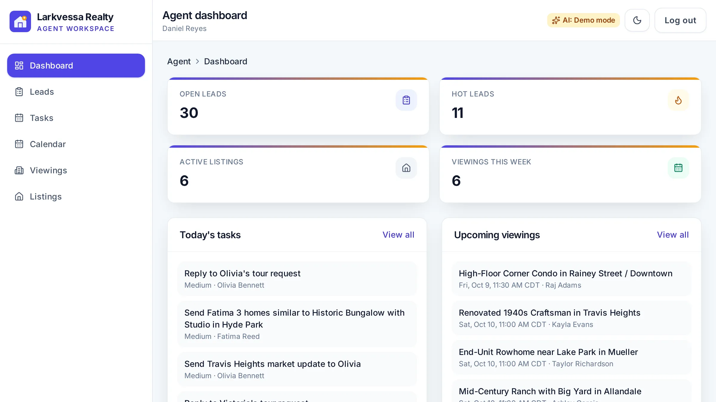 Agent dashboard with tasks and viewings
