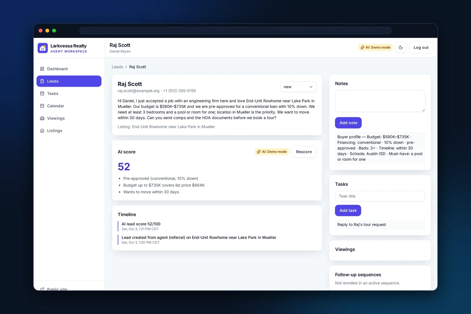 Lead detail with AI lead score and reasons