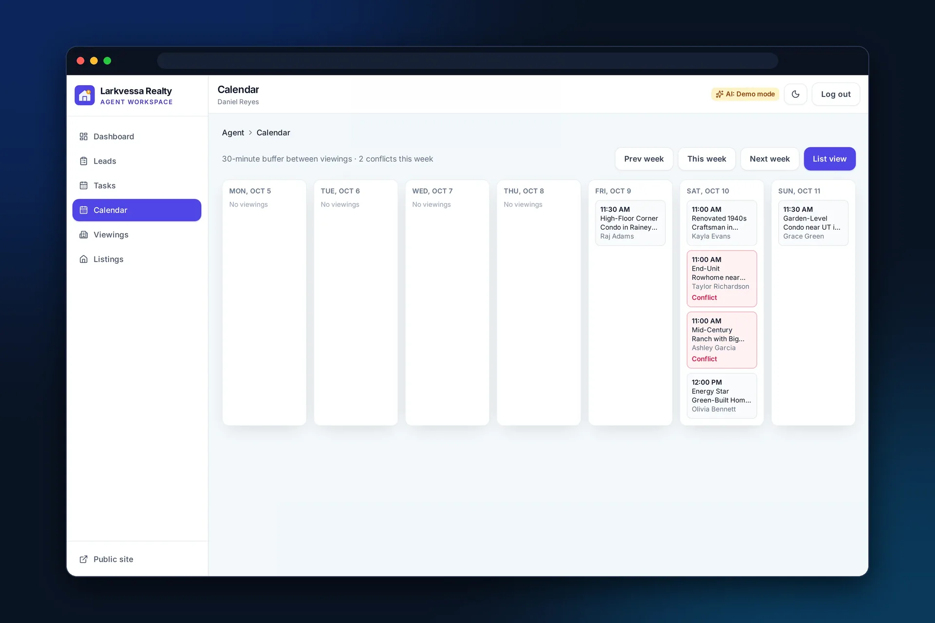 Viewings calendar with conflict detection