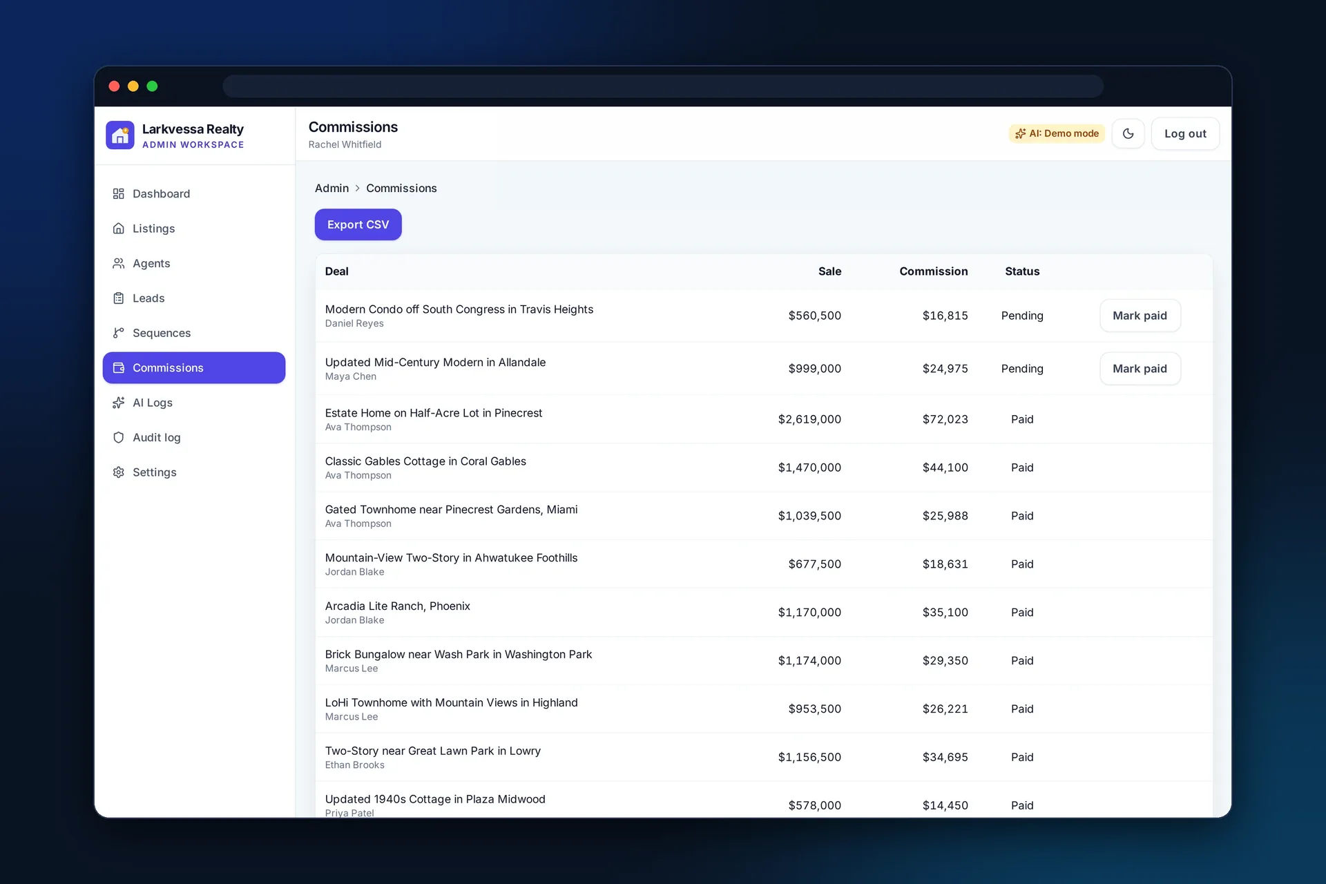 Commission tracking with CSV export