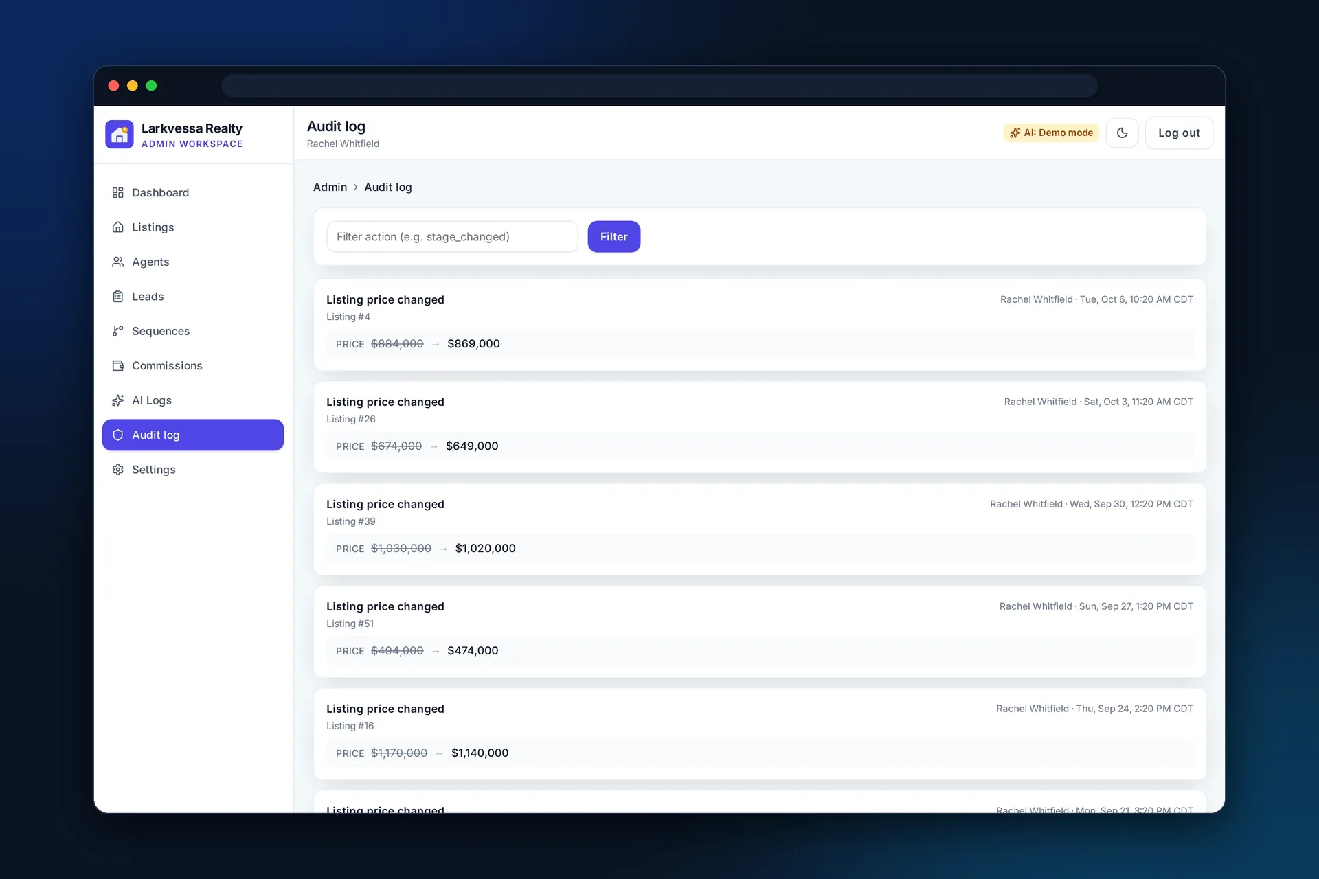 Audit log of listing and lead changes