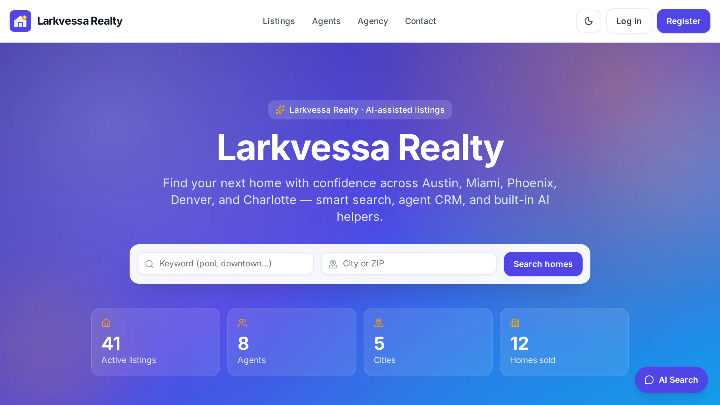 Larkvessa demo home page with featured listings