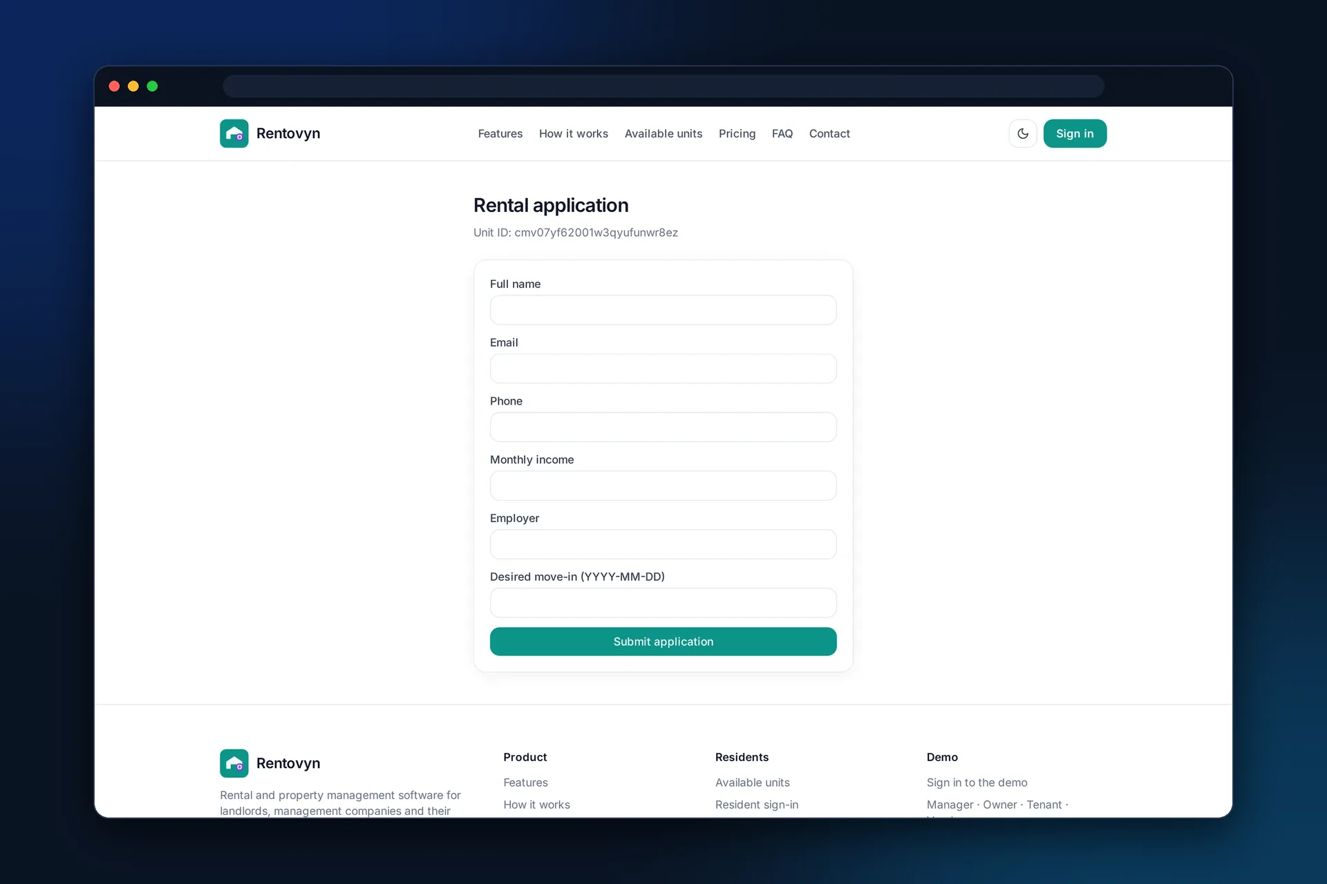 Online rental application form