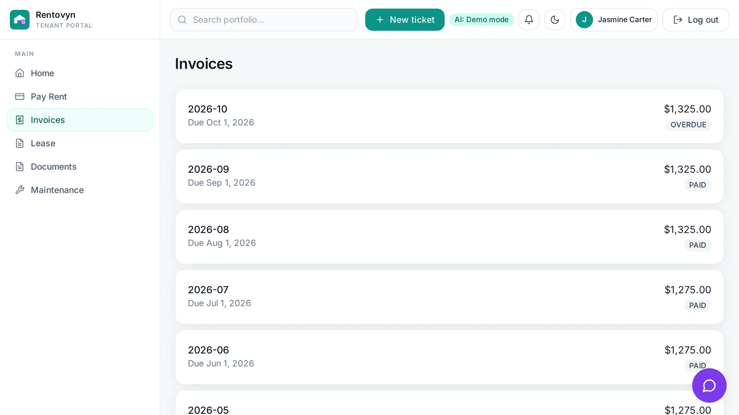 Rent invoices and payments