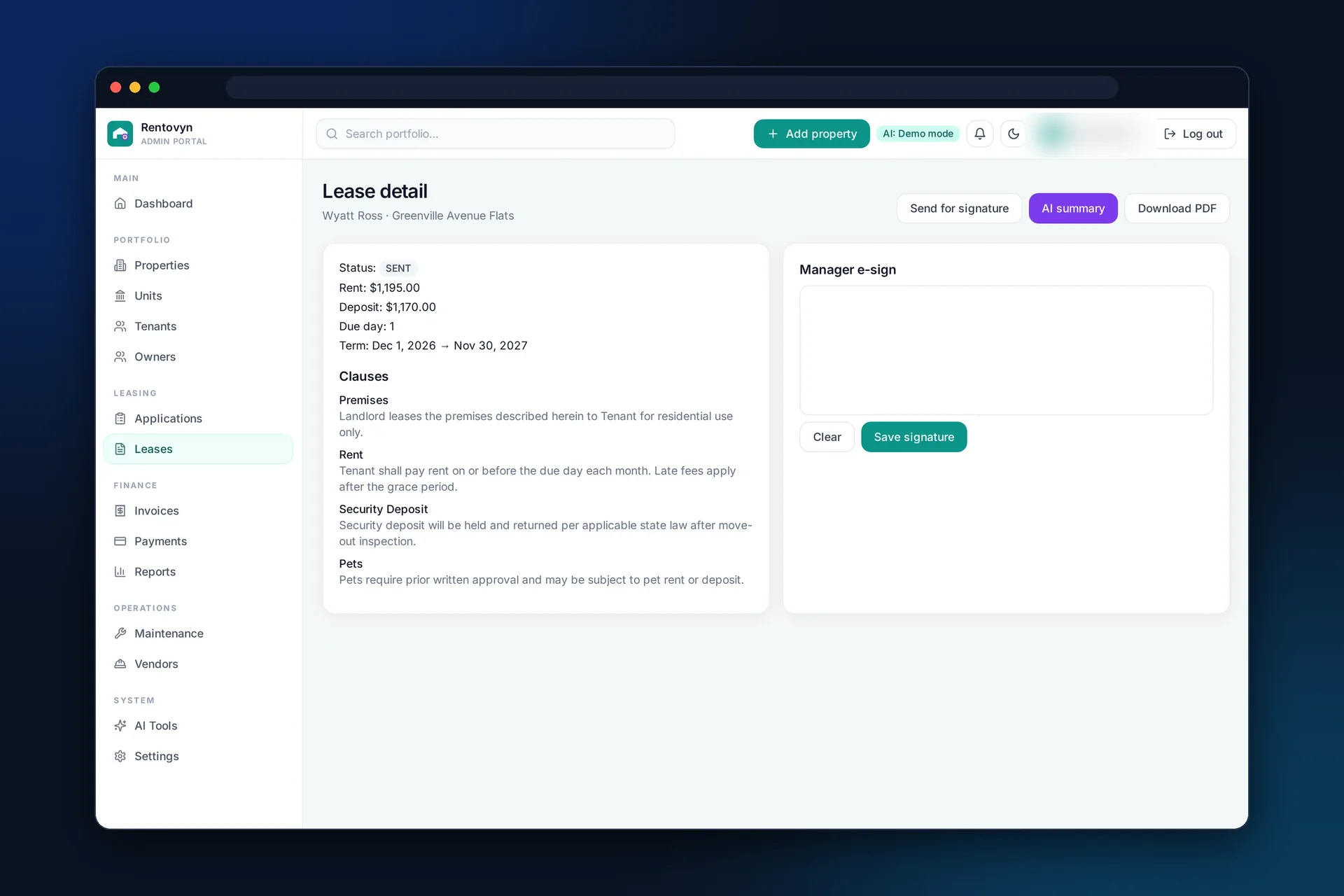 Tenant lease record with one-click AI lease summary
