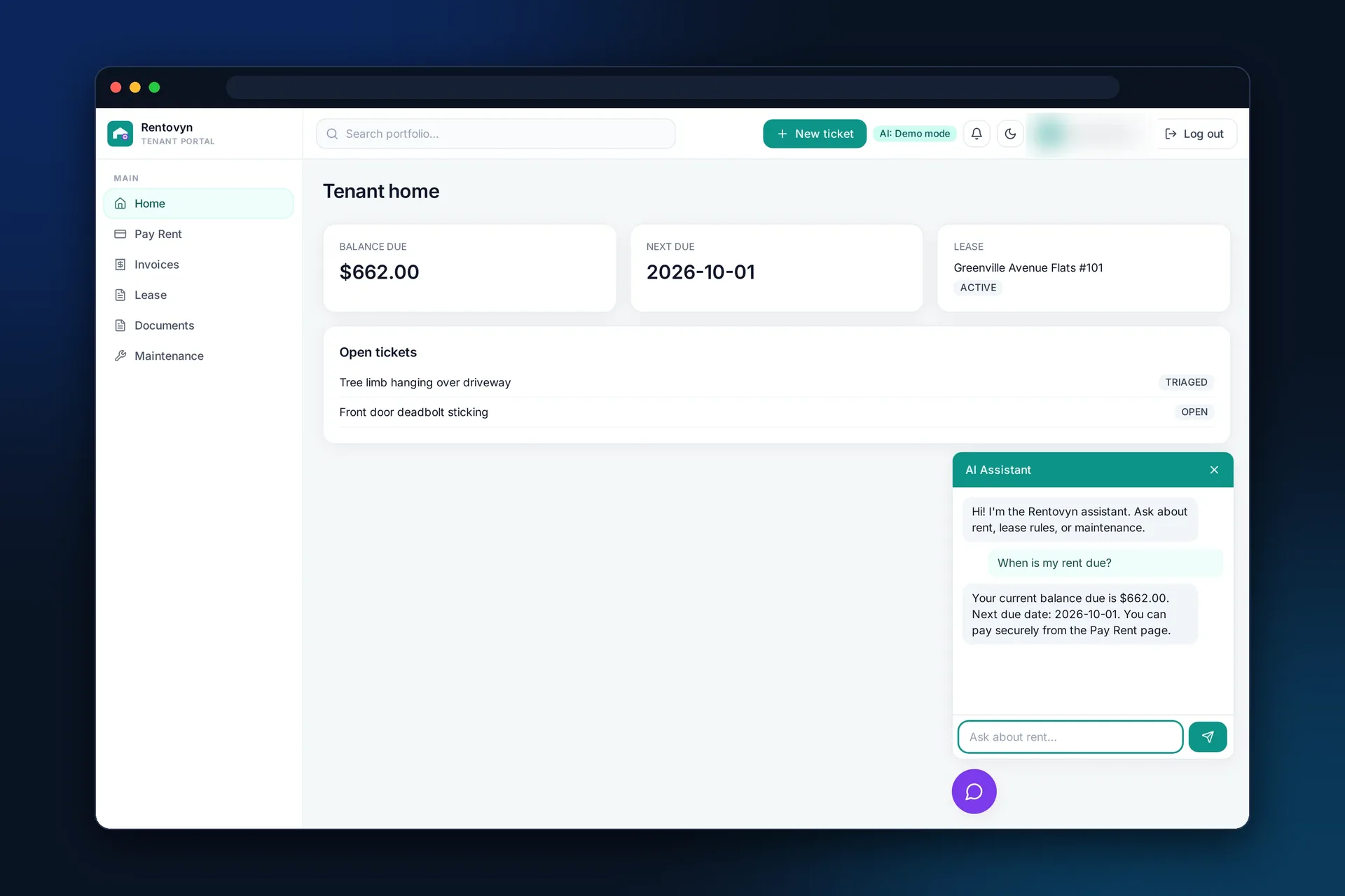 Tenant portal with AI assistant